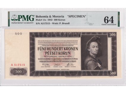 Bankovka 500 Kcs 1942 A SPECIMEN PMG 64