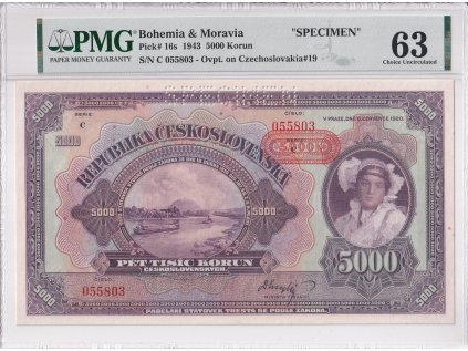 Bankovka 5000 Kcs 1943 A SPECIMEN PMG 63