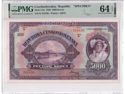 Bankovka 5000 Kcs 1920 A SPECIMEN PMG 64 EPQ