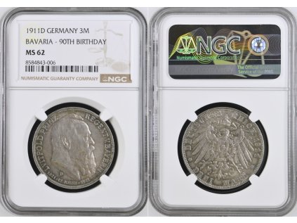 NĚMECKO BAVORSKO 3MARK 1911 D MS62