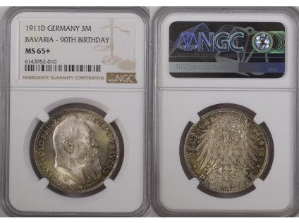 NĚMECKO BAVORSKO 3 MARKA 1911 D MS65plus