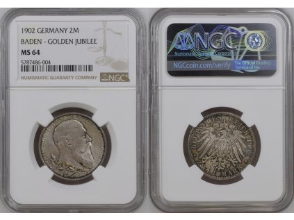 NĚMECKO BADEN 2 MARKA 1902 MS64