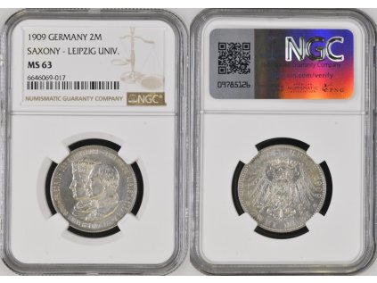 NĚMECKO SASKO 2 MARKA 1909 MS 63