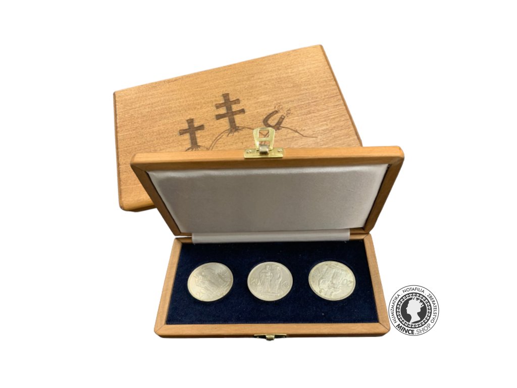 Sada mincí Dvadsať Korun - 20 Ks / 1941 - varianta dvojkríž, jednokríž a magnetická v drevenej kazete