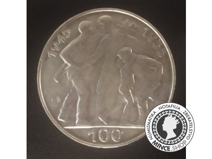 Strieborná minca 100 Kčs/1955 - Oslobodenie Československa - 10. výročie (varianta tupé "J")