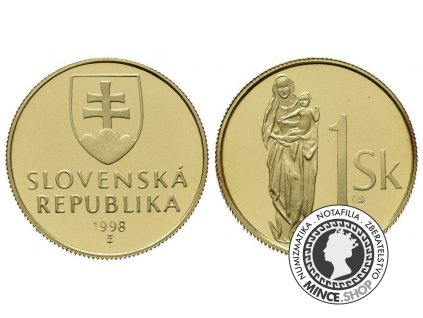 Proof 1 Sk/1998 - Zlatý odrazok slovenskej jednokorunovej mince s "R"