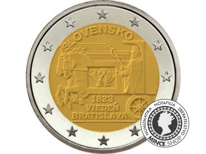 Slovensko UNC 2 euro 2023 - Začiatok pravidelnej expresnej pošty ťahanej koňmi na trase Viedeň - Bratislava - 200. výročie (v bubline)
