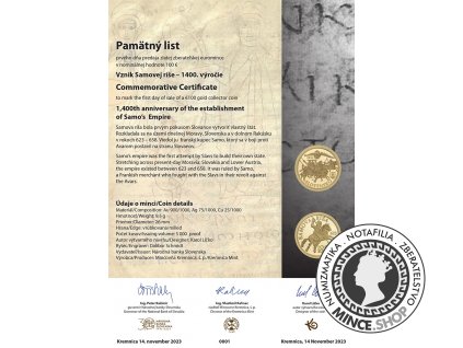 Pamätný list 100€ (2023) - Vznik Samovej ríše - 1400.výročie
