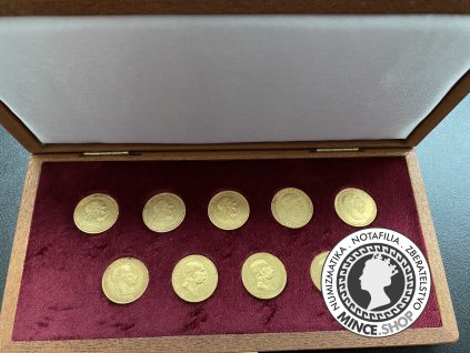 Sada zlatých mincí 10 korún Franz Jozef I. mix ročníkov 1896-1909 pôvodné razby v drevenej kazete