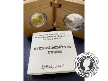 Set NBS zlatej a striebornej mince Spišský hrad 200sk a 5000sk v drevenej etui
