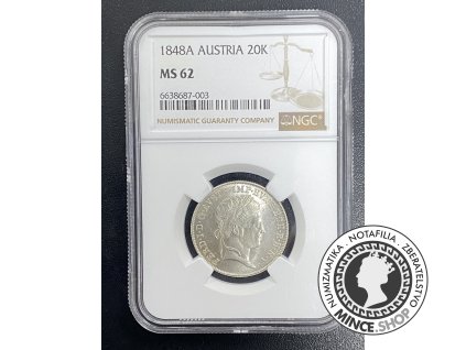 Strieborna minca Silver 1848A Austria 20K MS62 NGC