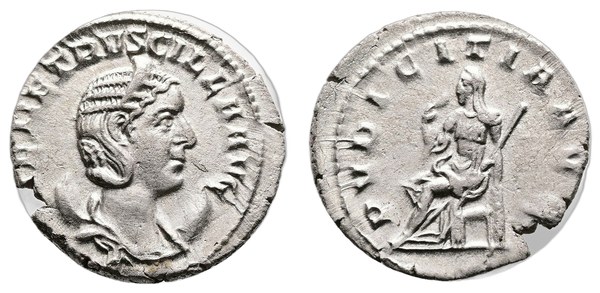 Herennia Etruscilla, antoninián, Řím 249–251, poprsí s diadémem na půlměsíci, na rubu Pudicitia