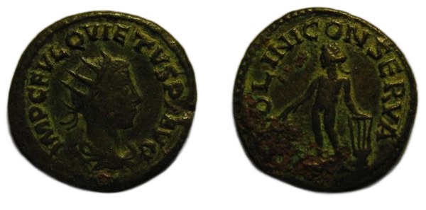 Quietus, antoninián z billonu 260–261, rub Apollón s lyrou