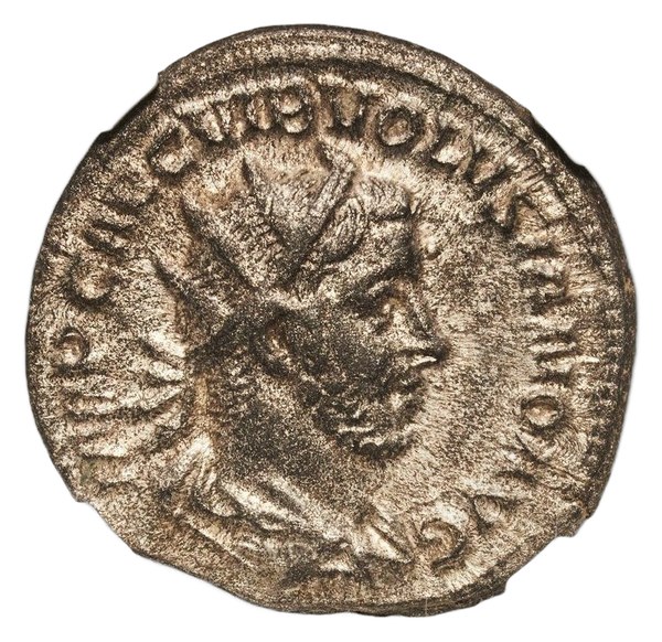 Volusianus, antoninián s paprsčitou korunou, rub Aequitas, Řím