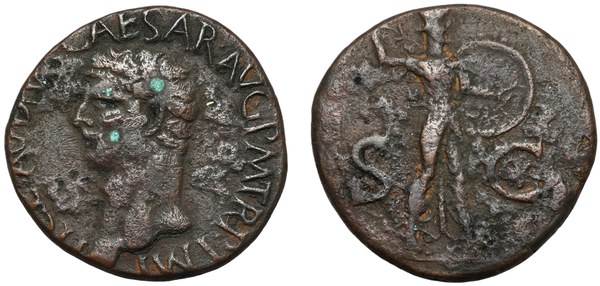 Claudius, as, Řím, 41–54 n. l., rub Minerva s kopím a štítem