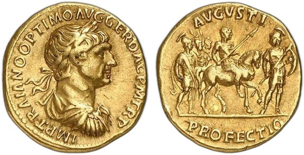Traján, aureus, Řím 115, rub PROFECTIO AVGVSTI