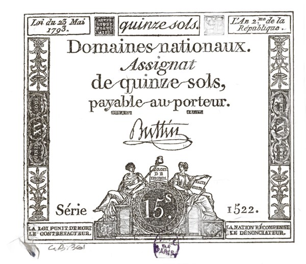 Francie, asignát na 15 solů, Domaines nationaux, zákon z 23. května 1793