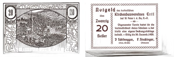 Rakousko, nouzová poukázka 20 haléřů 1920, katolický spolek pro stavbu kostela v Ertlu