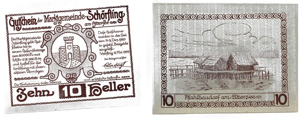 Rakousko, nouzová poukázka 10 haléřů, tržní obec Schörfling am Attersee, 1920