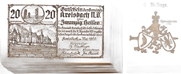 Rakousko, nouzová poukázka 20 haléřů obce Kreisbach, 1920