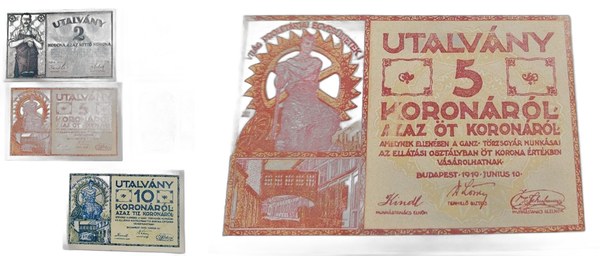 Maďarsko, poukázky na 1, 2, 5 a 10 korun pro dělníky závodu Ganz, Budapešť 1919