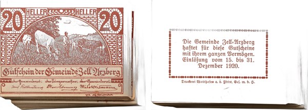 Rakousko, nouzová poukázka 20 haléřů, obec Zell-Arzberg, 1920