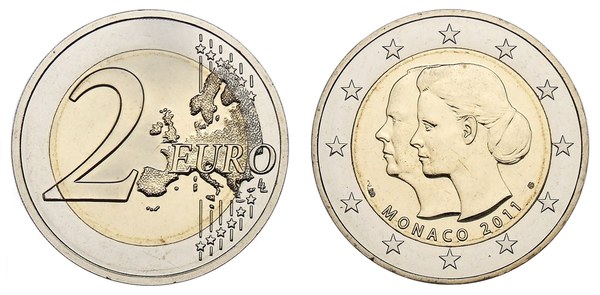 Monako, pamětní 2 eura 2011 ke sňatku knížete Alberta II. a Charlene