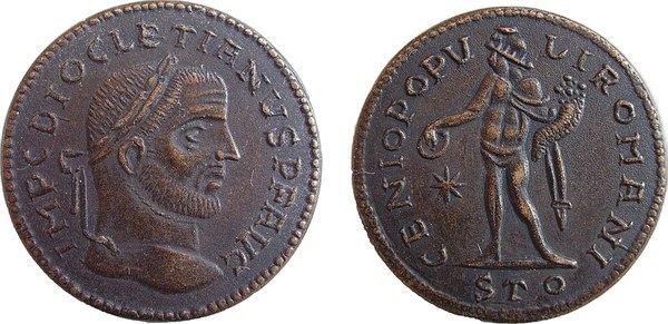 Dioklecián, bronzový nummus (follis) s géniem římského lidu, Ticinum, kolem roku 296