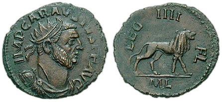 Carausius, bronzový antoninián, Londinium, rub lev a opis LEG IIII FL
