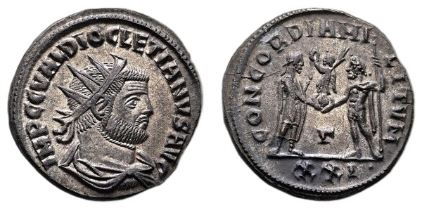 Římská říše, antoninián Diocletiana, rub CONCORDIA MILITVM