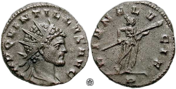 Quintillus, antoninián 270, Mediolanum, rub Diana s pochodní