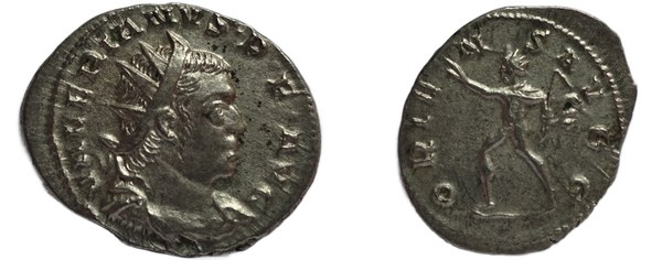 Římská říše, antoninián Valeriána I., rub ORIENS AVGG se Solem