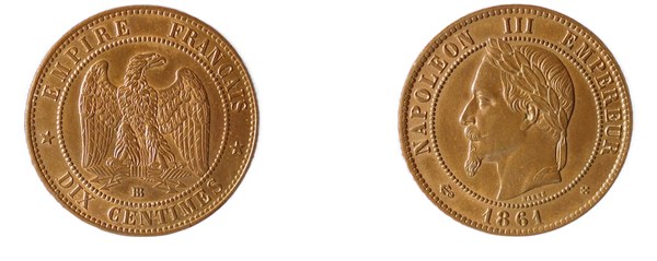 Francie, 10 centimes 1861 BB, Napoleon III., typ s vavřínovým věncem