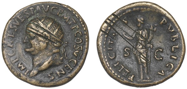 Vespasián, dupondius, rub FELICITAS PVBLICA