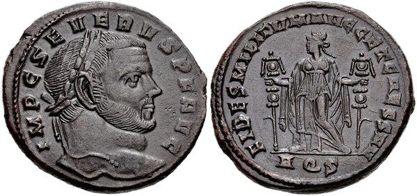 Severus II., bronzový follis 306–307, Aquileia, rub Fides s odznaky