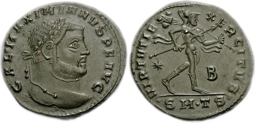 Bronzový nummus Galeria Maximiana s rubem VIRTVS EXERCITVS, mincovna Thessalonica