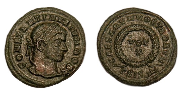 Konstantin II., bronzový nummus jako caesar, rub s nápisem VOT X ve věnci, mincovna Siscia
