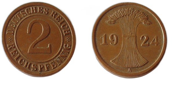 Německá říše – bronzové 2 říšské feniky 1924 A