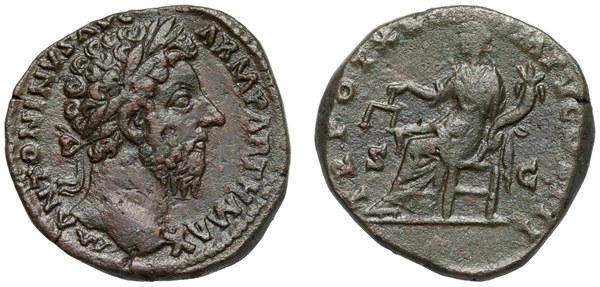 Marcus Aurelius – sestercius, Řím, 161–180 n. l., na rubu Aequitas