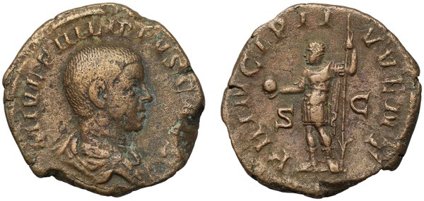 Philippus mladší, sestercius s rubem PRINCIPI IVVENT, Řím 247–249 n. l.