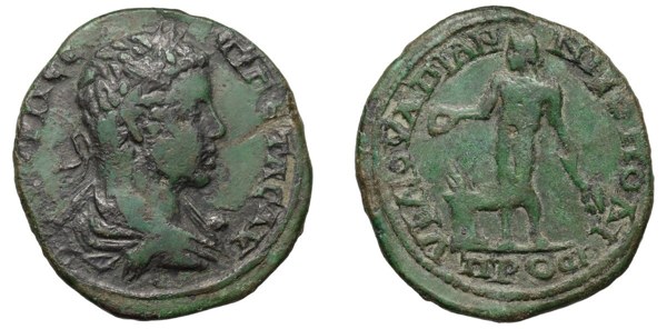 Geta, bronzový tetraassarion, Nicopolis ad Istrum, Dolní Moesie, kolem 209–211