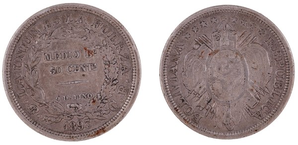 Bolívie, stříbrných 50 centavos 1893, Potosí