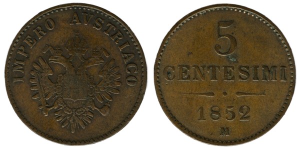Lombardsko-benátské království, 5 centesimi 1852 M, Milán