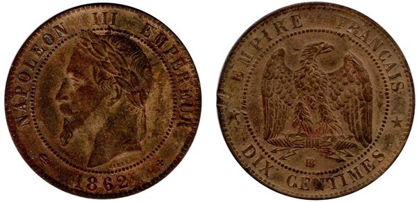 Francie, 10 centimes 1862, Napoleon III. s vavřínovým věncem, líc a rub