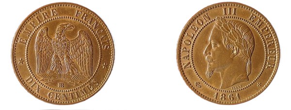 Francie – 10 centimes 1861 BB, Napoleon III., mincovna Štrasburk