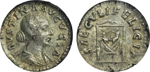 Faustina mladší, denár, Řím, 161 n. l., rub SAECVLI FELICIT s dvojčaty
