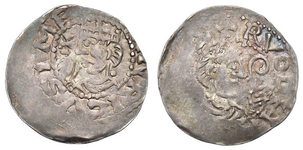 Jindřich IV. Sálský a arcibiskup Ruthard – denár, Mohuč, líc a rub