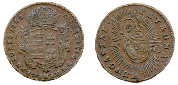 Uherský měděný denár Marie Terezie 1763 s Madonou PATRONA HUNGARIAE