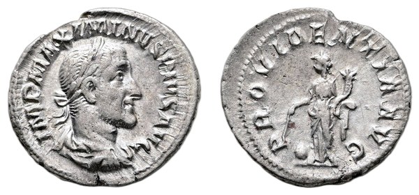Maximinus Thrax, denár, Řím 235–236, RIC 13, vavřínové poprsí a na rubu Providentia