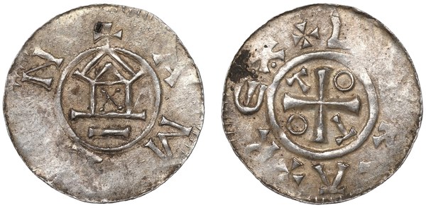 Denár Oty III., otto-adelheidský fenik, kolem roku 1000